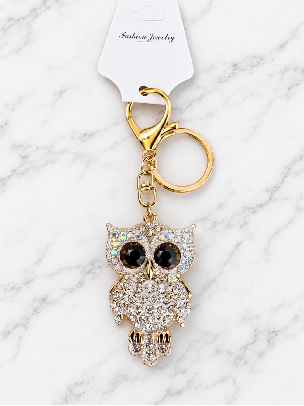 Bag Charm/Keyring-White Rhinestoned Owl Charm Black Accent Eyes- Gold Hardware